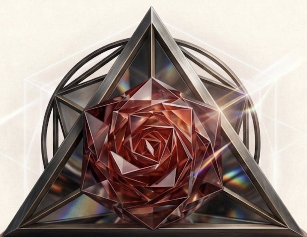 Geometric deep-red crystal rose within a metallic triangular frame